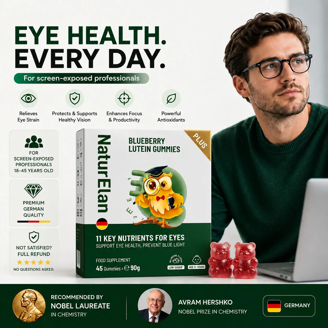 NaturElan Eye Health Gummies with Blueberry & Lutein | Blue Light Support, Eye Comfort & Daily Vision Support for Screen Users | 45-Day Supply