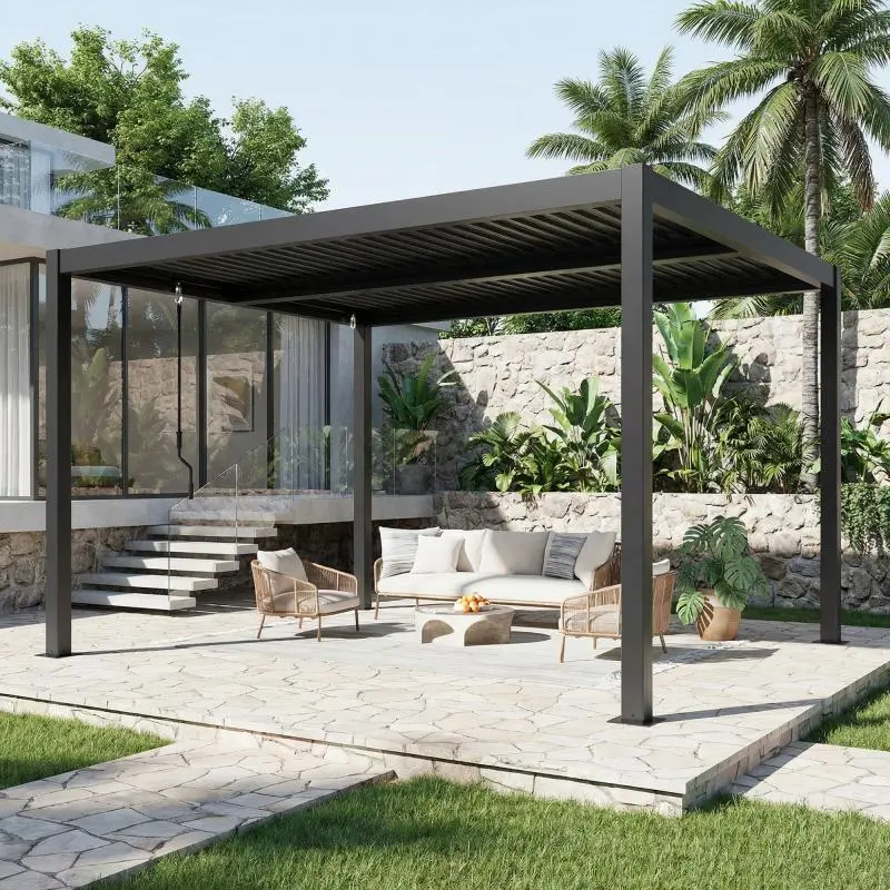 10' x 12' Outdoor Pergola with Adjustable Louvered Roof & Integrated Drainage, Heavy-Duty Metal Louvered Pergola for Patios, Black