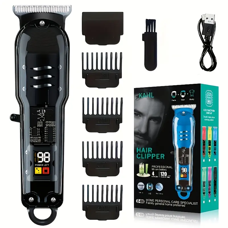 KAHL Cordless Hair Clipper with Digital Battery Display Stainless Steel Blade USB-C Fast Charging 4 Guard Combs Zero Pulling Painless for Fades Bald Head Beard Trimming