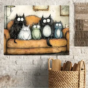 2D Flat, 1pc Wooden Framed Canvas Wall Art - Whimsical Cat Family Oil Painting, 5 Fluffy Cats on Couch, Vibrant Colors & Detailed Fur Texture, Ready-to-Hang Home Decor for Living Room
