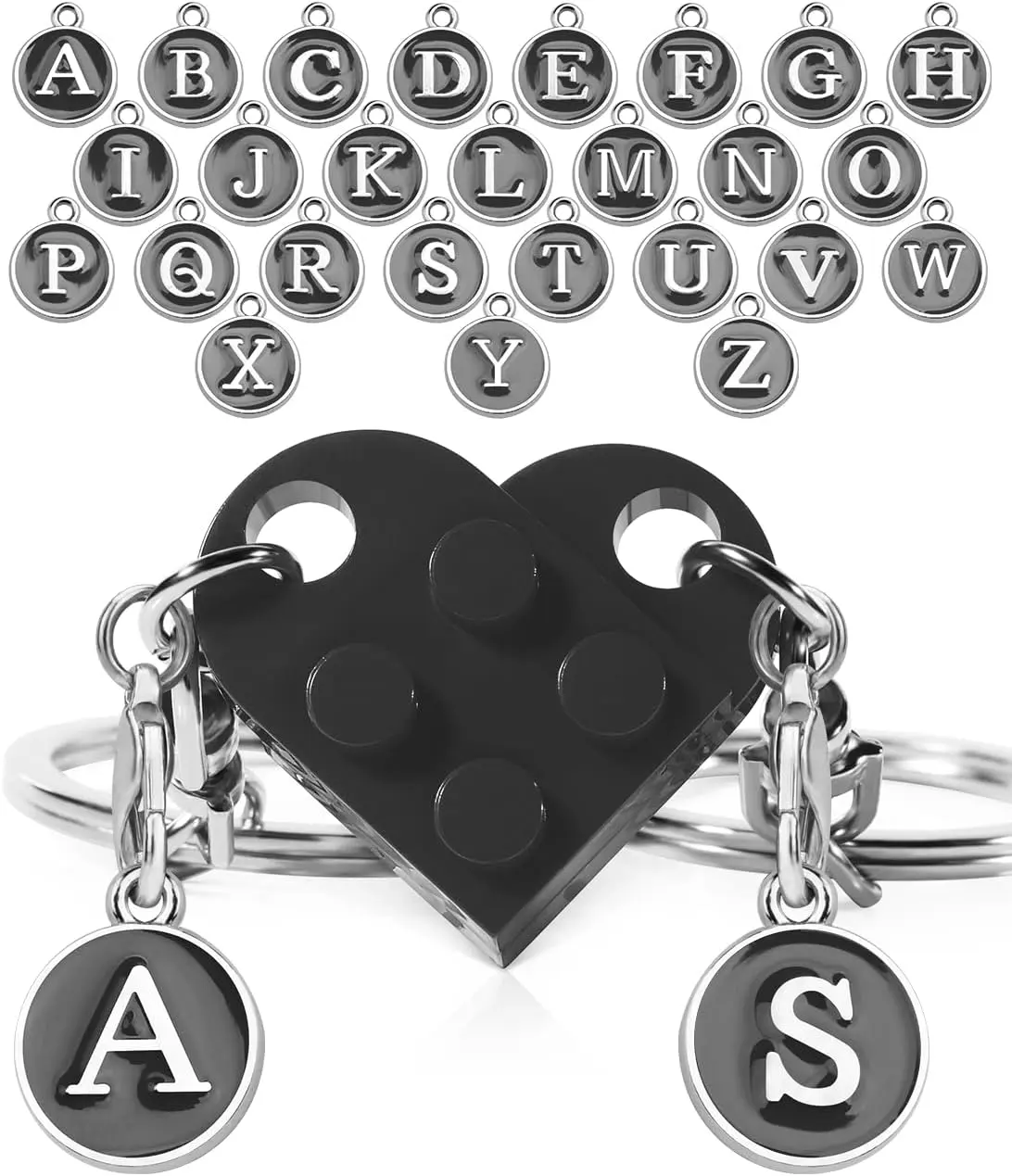 Cute Keychain Set for Couples, 2-Piece Matching Heart-Shaped Building Block Charms with Personalized Initials, Interlocking Plastic and Stainless Steel Anniversary and Valentine's Day Gift, Stainless Steel Keychain