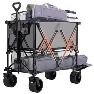 Folding Double Decker Wagon with Brakes, 54" Extra Long Extended Cart, Equipped with 7" All-Terrain Big Wheels for Camping, Sports，Grey - 2
