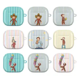 Cute Curious George AirPods Case Collection for AirPods 1 2 3 4, AirPods Pro 1 2 3, Funny Monkey Aesthetic Earbuds Cover, Pastel Striped Protective Case