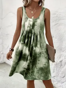 Colorblock Tie-Dye Sleeveless Vest Dress, Fitted, Casual Style, Perfect for Traveling Outdoors, Women's Fashionable Summer Wear, Casual Classy Dress