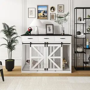 2-in-1 Modern Farmhouse Wooden Crate Enclosure Furniture - Indoor Living Room Cabinet End Table with Drawer Storage, Double Doors, 24-in Inner Height, Ideal for 1 Large Canine, Wooden Crates
