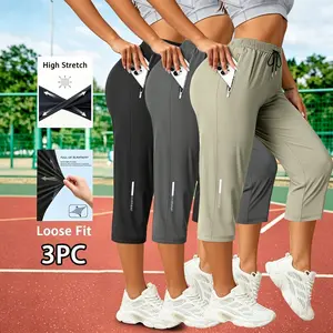 Women's Loose-Fit Three-Quarter Ice Fiber Pants - Drawstring Waist, Zipper Pocket, High Stretch, Breathable for Casual & Outdoor SummerVibes