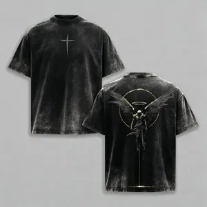 Menswear Short-Sleeve Top, Archangel of Repentance Acid Wash Pump Cover T-Shirt - Heavy Cotton Unisex Double-Printed Fallen Angel, Crusader Armor, Vintage Cross, Medieval Warrior Gothic Faith Oversized Streetwear Tee Menswear Top Man
