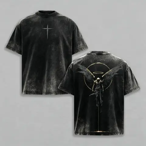 Men's Baggy Heavy Cotton Graphic Shirt - Gothic Faith Fallen Angel & Crusader Print, Pre-Washed Vintage Acid Wash, Rib Round Neck, Men's Streetwear, Back to School, Free Expedited Shipping
