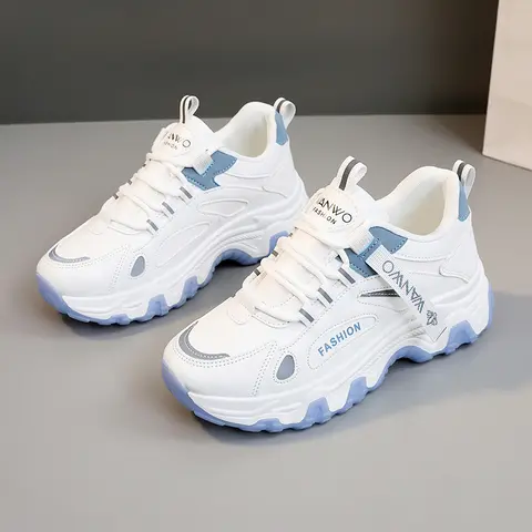 Women's Platform Sneakers - White-Brown Height-Lift Shoes for Women, Ankle Support, Less Than Ankle, All-Seasons Fabric, Round Toe, Synthetic Upper, Suitable for Casual & Office Wear