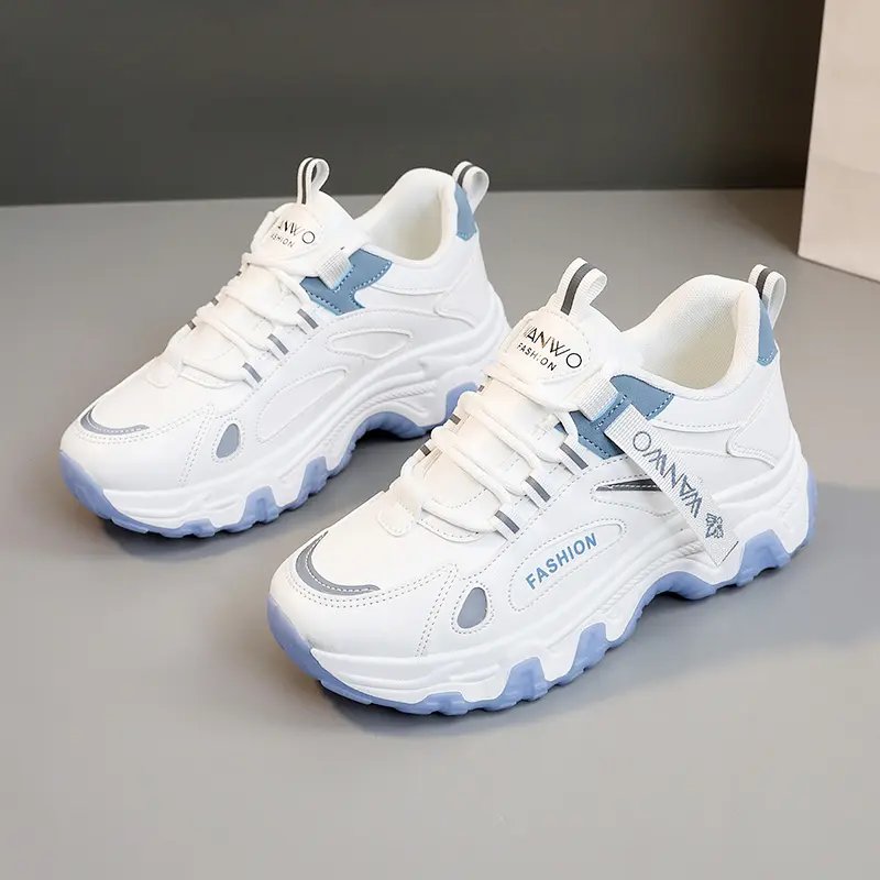 Women's Thick-Soled Sports Sneakers - White & Brown Height-Boosting Shoes for Women, Ankle-Strap Hold, Cushioned Insole, All-Season Fabric, Round Head, Synthetic Upper, Casual & Office Daily Wear,back to school,back to school haul