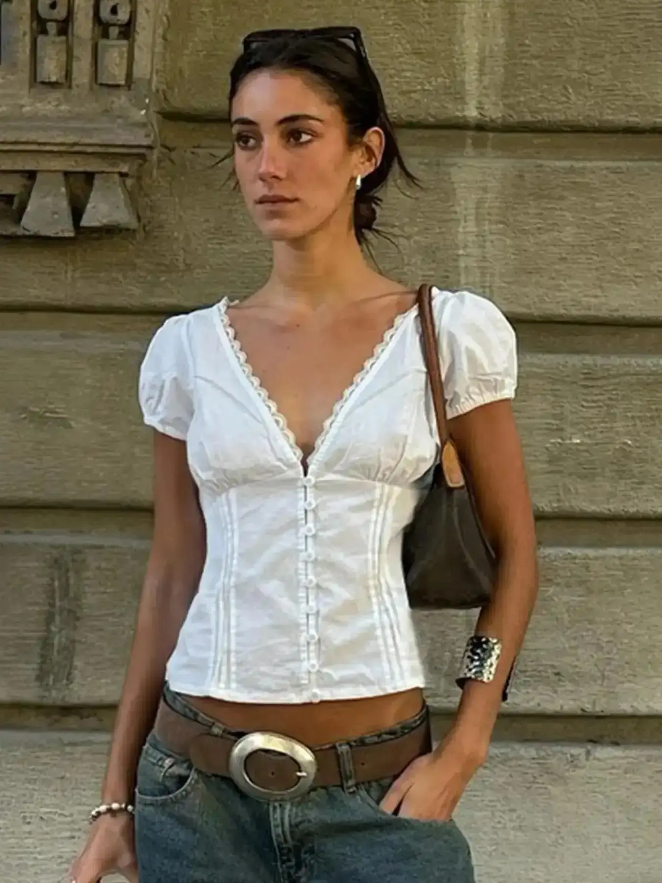 Street Style Casual Solid Fitted Deep V-Neck Lace Trim Puff Sleeve T-Shirt Blouse. Minimalist Basic Versatile Button Cut-Out Shirt. Niche Hot Girl Sexy Summer Short Top. Blouses Shirts Tops, OOTD, Aesthetic