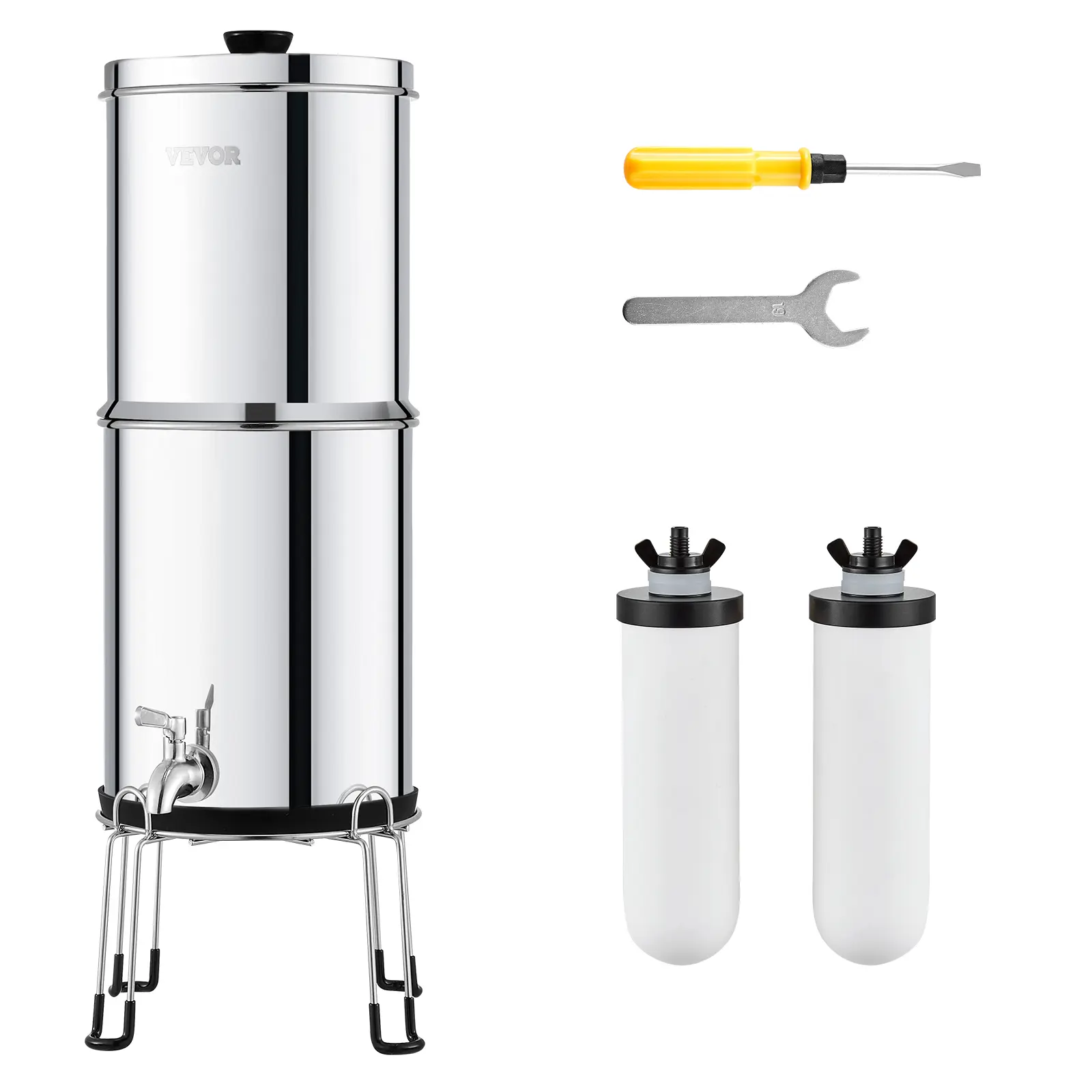 VEVOR Portable Gravity-Fed Water Filter System, 2.25G 304 Stainless-Steel Countertop Model, Reduces Lead & Up to 99% Chlorine, Includes 2 Ceramic Sediment Carbon Filters, Spigot, Stand, Father's Day Gift, Portable Water Filter, Sediment Carbon Filter