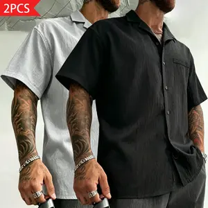 Men’s 2-Pack Linen Blend Woven Loose Casual Shirts - Short Sleeve, Button-Down, Collared Neck Cuban Tops with Buttons for Summer, Everyday Wear