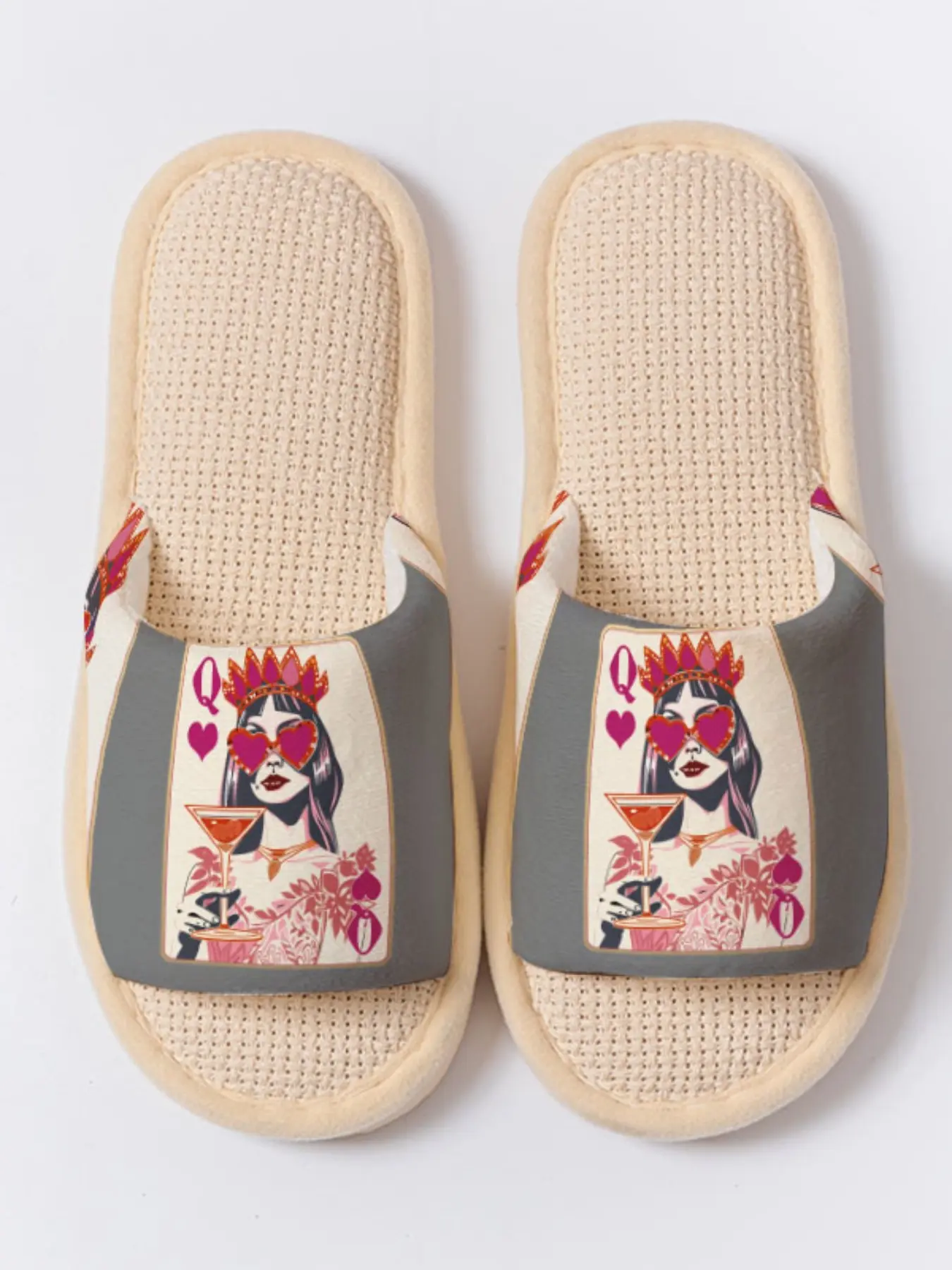 Queen of Hearts Poker Print | Retro Edgy Style 1 Pair Linen Breathable Non-Slip Soft Sole Home Slippers For Party Queens (Spring Summer Indoor Outdoor)