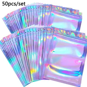 50pcs Laser Film Holographic Jewelry Packaging Bags with Hanging Hole, Half-Transparent Self-Sealing Bags, Phone Case Storage Bags, Colorful Plastic DIY Organizer