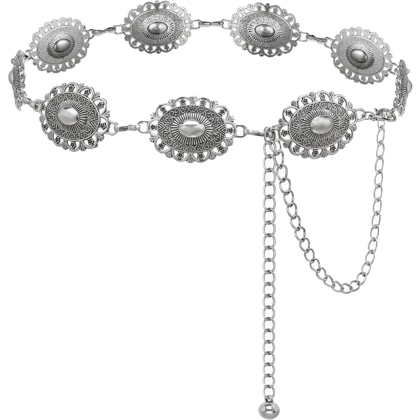 Western Concho Chain Belt for Women Boho Metal Belts For Country Concert Dresses Jeans Cowgirl Vintage Waist Belt
