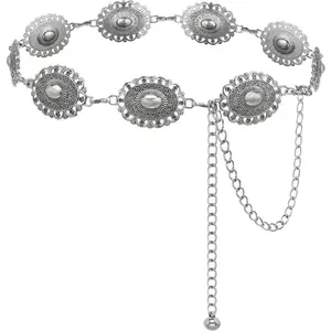 Western Concho Chain Belt for Women Boho Metal Belts For Country Concert Dresses Jeans Cowgirl Vintage Waist Belt