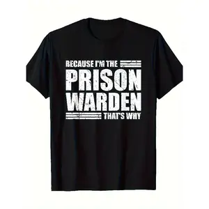 Men's Funny Prison Warden T-Shirt 3XL - "Because I'm The Prison Warden That's Why" Bold White Text & Bar Code-Like Vertical Bars - Black Cotton Short Sleeve Casual Tee for Jail-Themed Parties, Prison Officer Apparel