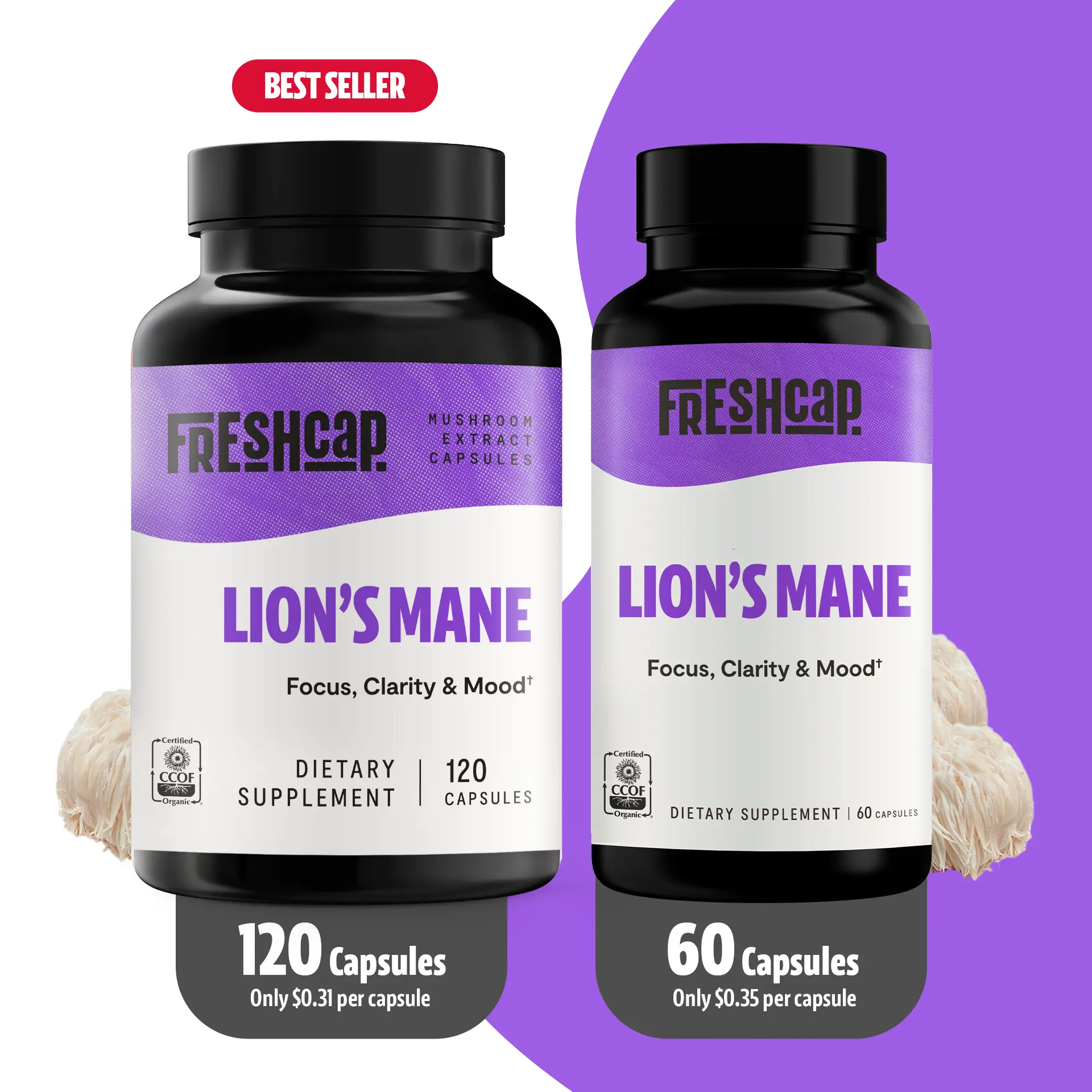 FreshCap Lion’s Mane Potent Organic Mushroom Supplement Capsules 14,000mg - Helps Boost your Brain Function for better Memory (120 Capsules) Healthcare Dietary Edible Vegan Ccof Certified Fitness