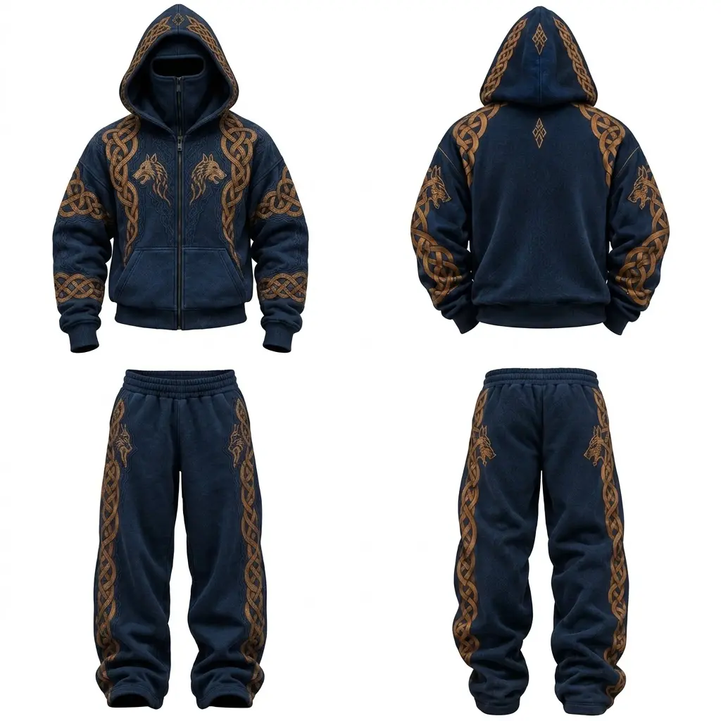 Nordic Viking Graphic Full Zip Hoodie Set with Built-in Mask - Vintage Mythical Oversized Streetwear Outfits