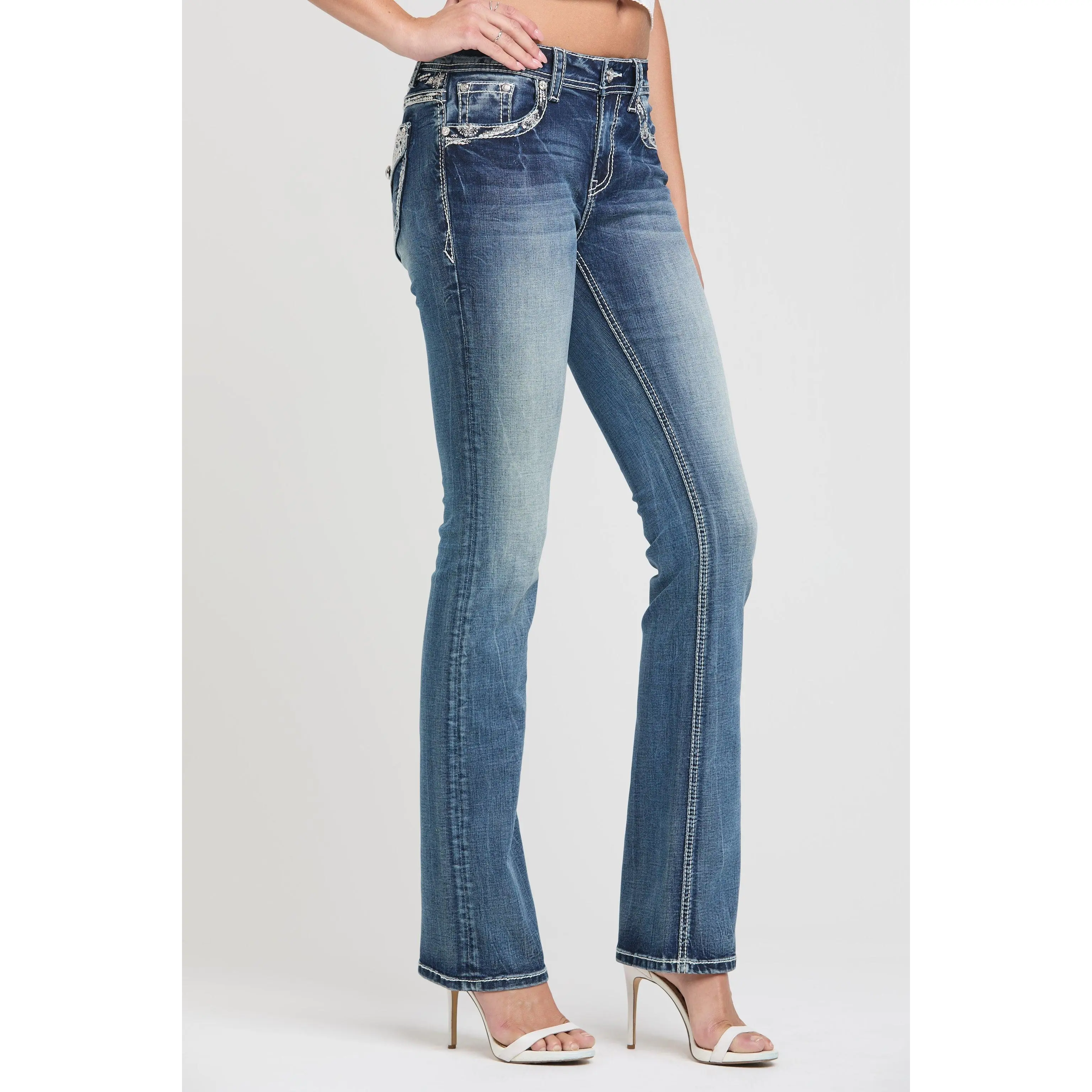 Aztec Yoke Stitch Bootcut Jeans Women Mid Rise Medium Blue Wash Rhinestone Western Denim