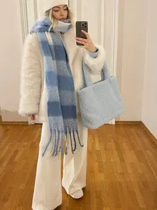 Women's fashionable and elegant winter plaid scarf, artistic and fresh Scottish shawl, sky blue knitted scarf suitable for daily and outdoor hijab use, paired with windbreakers and winter clothing accessoriese, Casual Soft Scarf