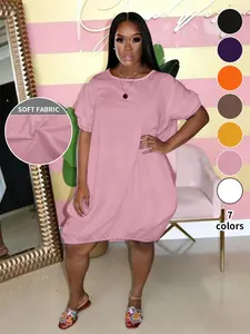 Plus Size Women's Casual Round Neck Bubble Sleeve Dress, Available in 7 Colors, Stylish Puff Sleeves & Pocket Design