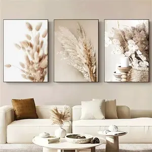 3pcs Beige Pampas Grass Bohemian Style Canvas Frameless Oil Painting Leaves Reed Wall Decoration Hanging Plant Poster Nordic Living Room Home Decoration
