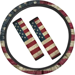 GLENLCWE Vintage American Flag Print Steering Wheel Cover & 2 Seat Belt Covers - Soft, Breathable Car & Truck Interior Decor, Non Slip