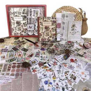 Vintage Floral DIY Journal/Scrapbook Set, Include one A6 Notebook, 180+ Decorative Papers, Stickers, Stamps, Tapes, PET Bottle Shapes and More