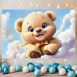 1pc Adorable Cartoon Bear Polyester Banner - Whimsical Sky & Clouds Design, Perfect for Home, Room, and Party Decor, Party Backdrop | Playful Design | Durable Polyester, Bear Decor