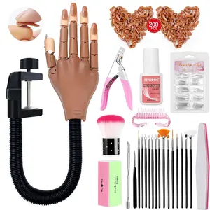 Flexible Manicure Practice Hand Model — Mechanical Finger with Movable Joints | Nail Art Training Kit for Beginners | Nail Art Tools | Nail Art Supplies | DIY Manicure | Includes 200 Nail Tips, Sanding File, Nail Brush, and Nail Clippers