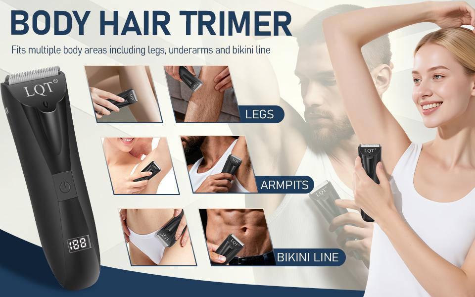 LQT wireless hair clipper, electric bikini trimmer, body hair remover, intimate grooming trimmer, USB charging with LCD display, includes 2 guide combs, flexible trimmer, shaving device， Smooth