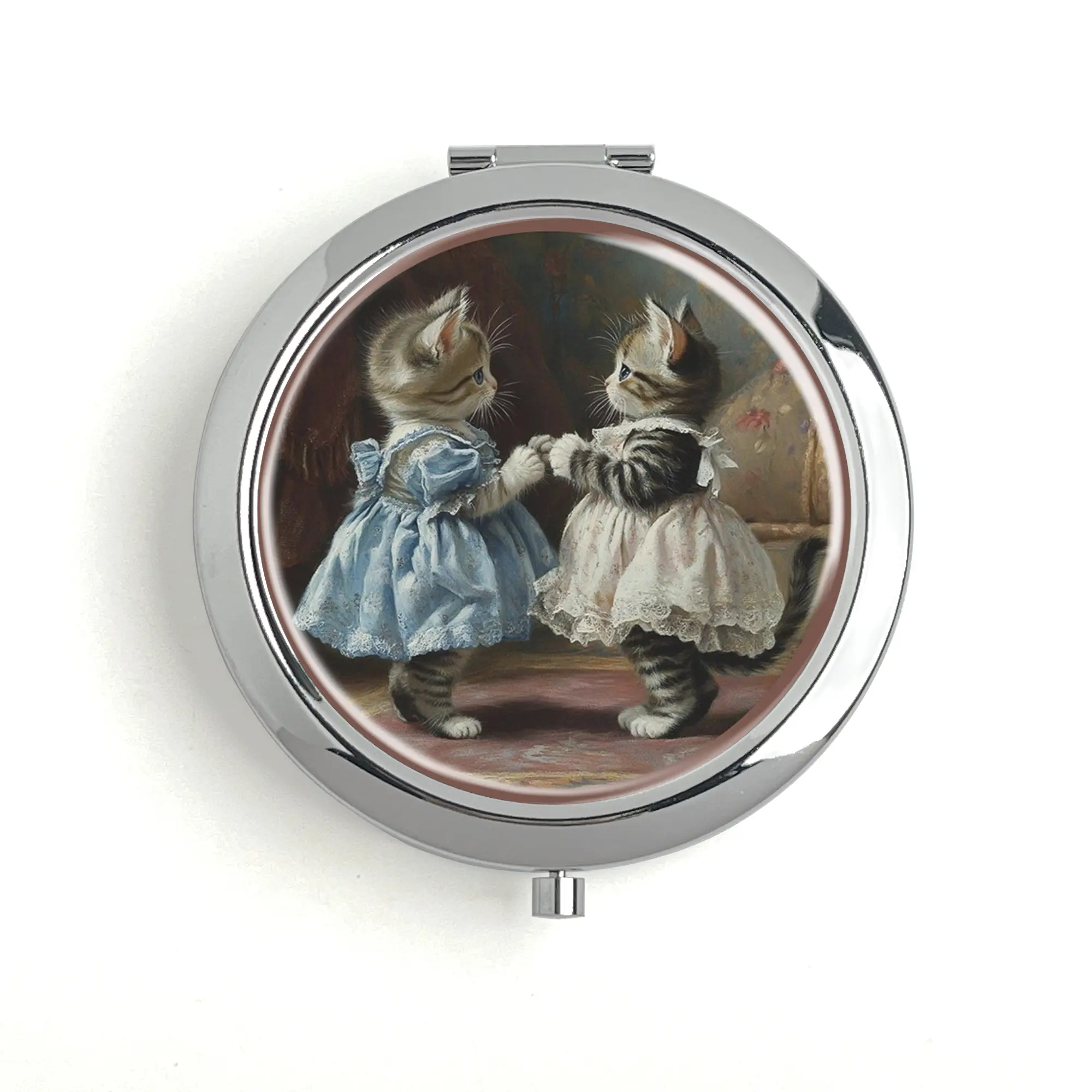 Vintage Cartoon Cute Cat Sisters Mini Metal Pill Box - Compact Novelty Travel Vitamin Organizer with Built-in Mirror, Makeup Holder, 60mm Inner Diameter Home Storage Box