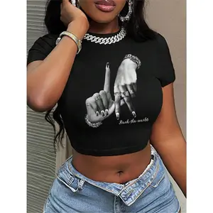 Slaydiva Casual Minimalist LA Hand Sign Hip Hop Print Crew Neck Short Sleeve Cropped T-Shirt for Women, Black — Perfect for Summer