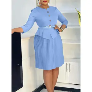 D595 Women’s Plus Size Light Blue Peplum Blazer & Pleated Skirt Set with Belted Button Closure, Formal Office Workwear, Chic Two-Piece Midi Dress Outfit