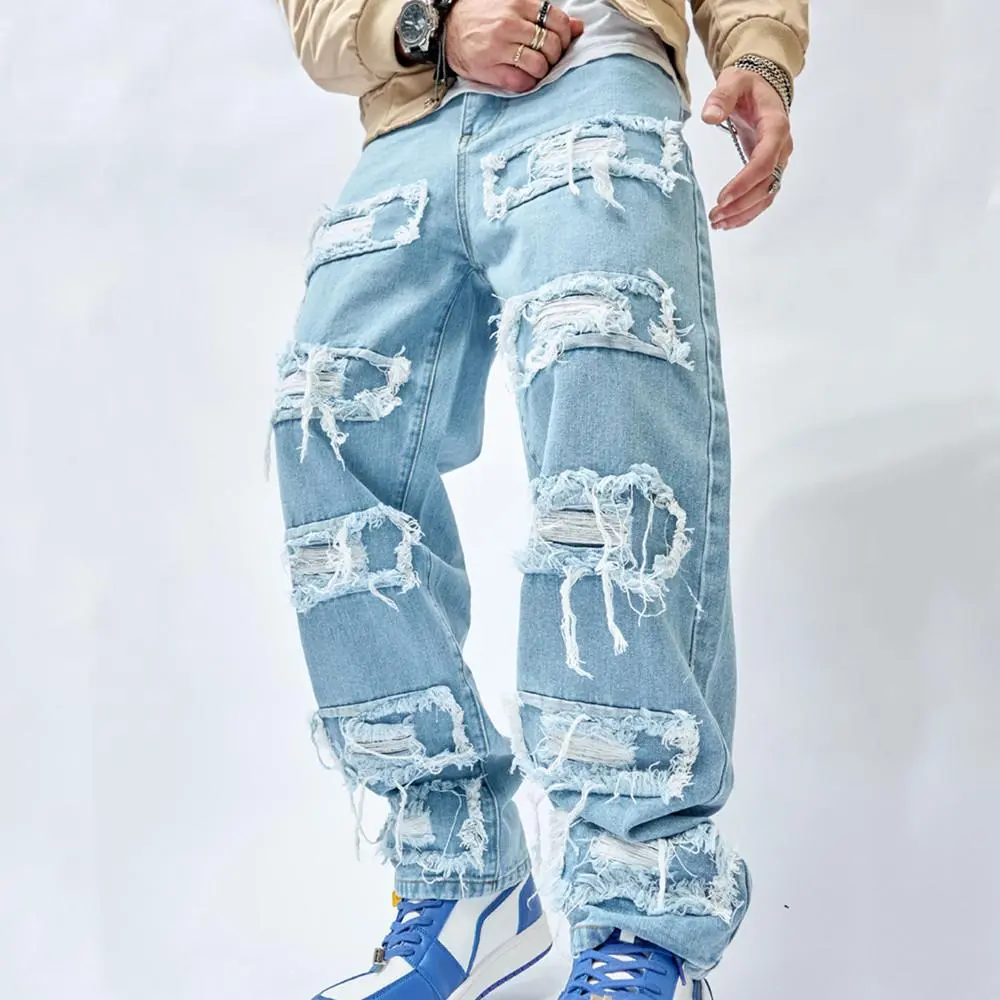 Men's Retro Distressed Ripped Denim Jeans - Menswear Straight-Leg Fringe Polyester Pants, Stylish 4-Season Outdoor Casual Streetwear Outfit