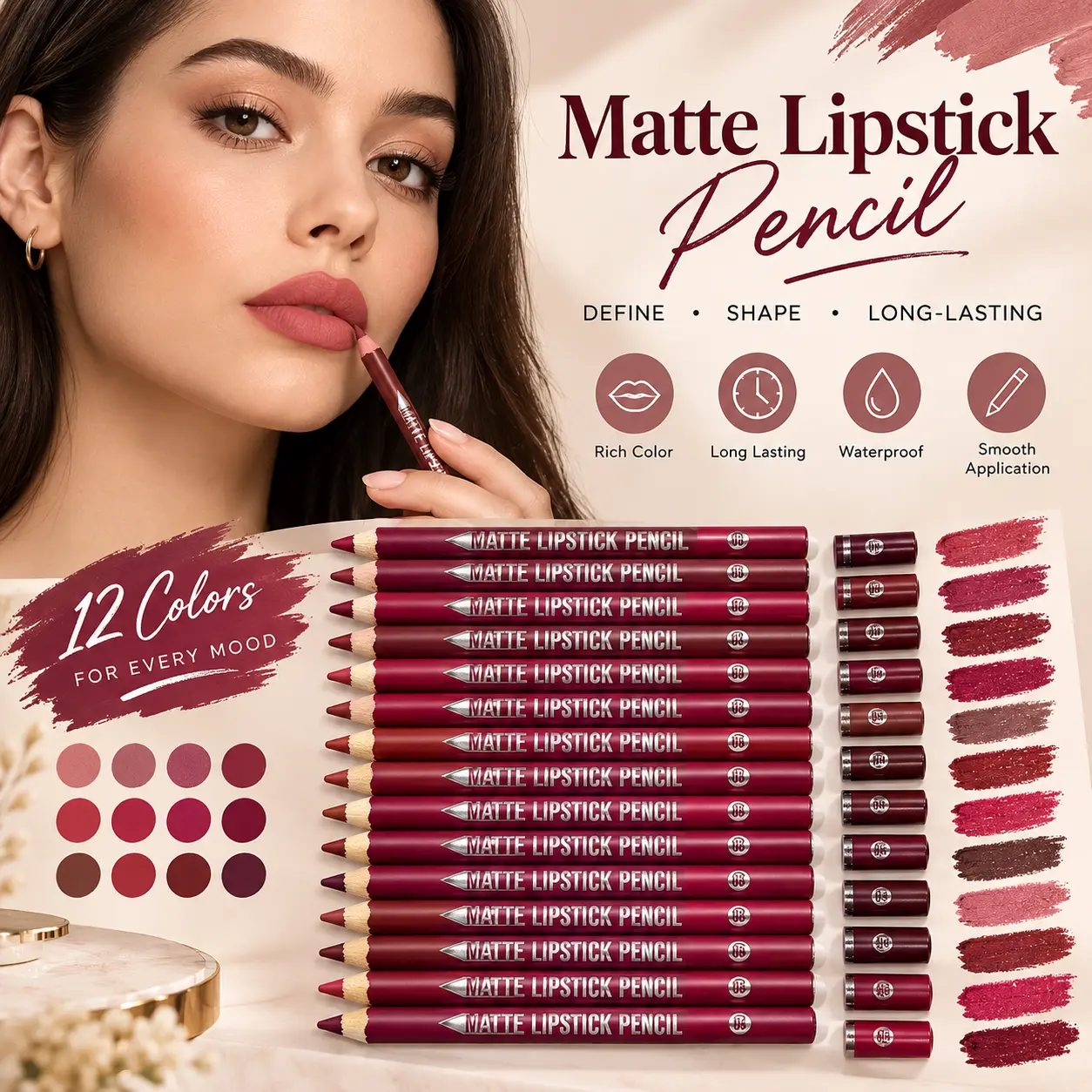Matte Lipstick Pencil - Define Shape Long Lasting Rich Color Waterproof Smooth Application 12 Colors for Every Mood