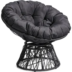 Outvita 40" Swivel Wicker Papasan Chair with Thick Tufted Cushions, High Capacity Frame, 360 Degree Rotatable Chairs for Indoor Outdoor Use, Black