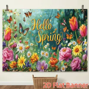 1PC Polyester 2D Flat Custom Backdrop - Spring Floral Butterfly Design, Colorful Flower Garden Decor, Birthday Party Banner, Home Gathering Photography Curtain
