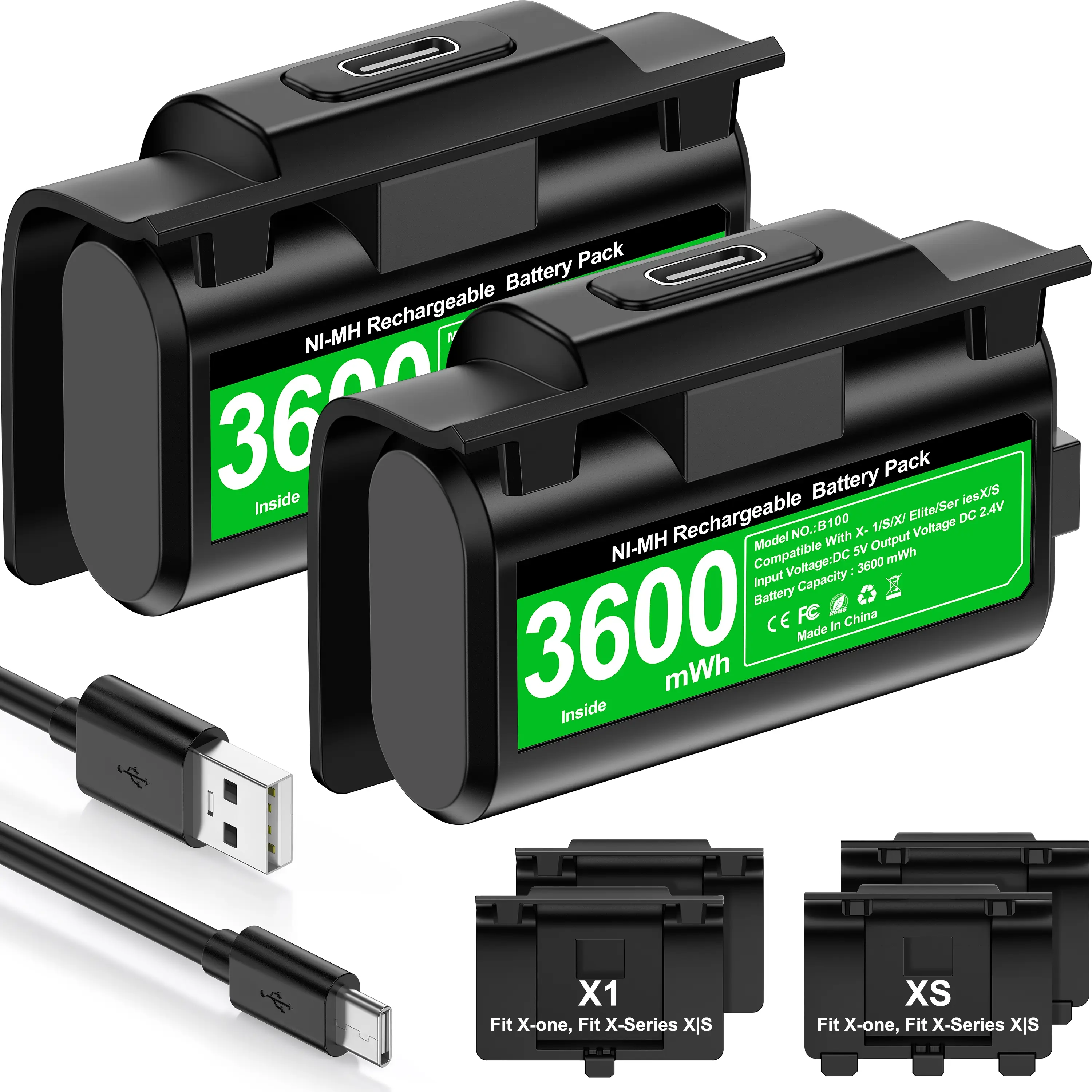 Rechargeable Xbox One Controller Battery Pack for Xbox Series X/S/Xbox One/S/X/Elite Controller, 2x3600mWh Xbox One Controller Battery and 4 Covers
