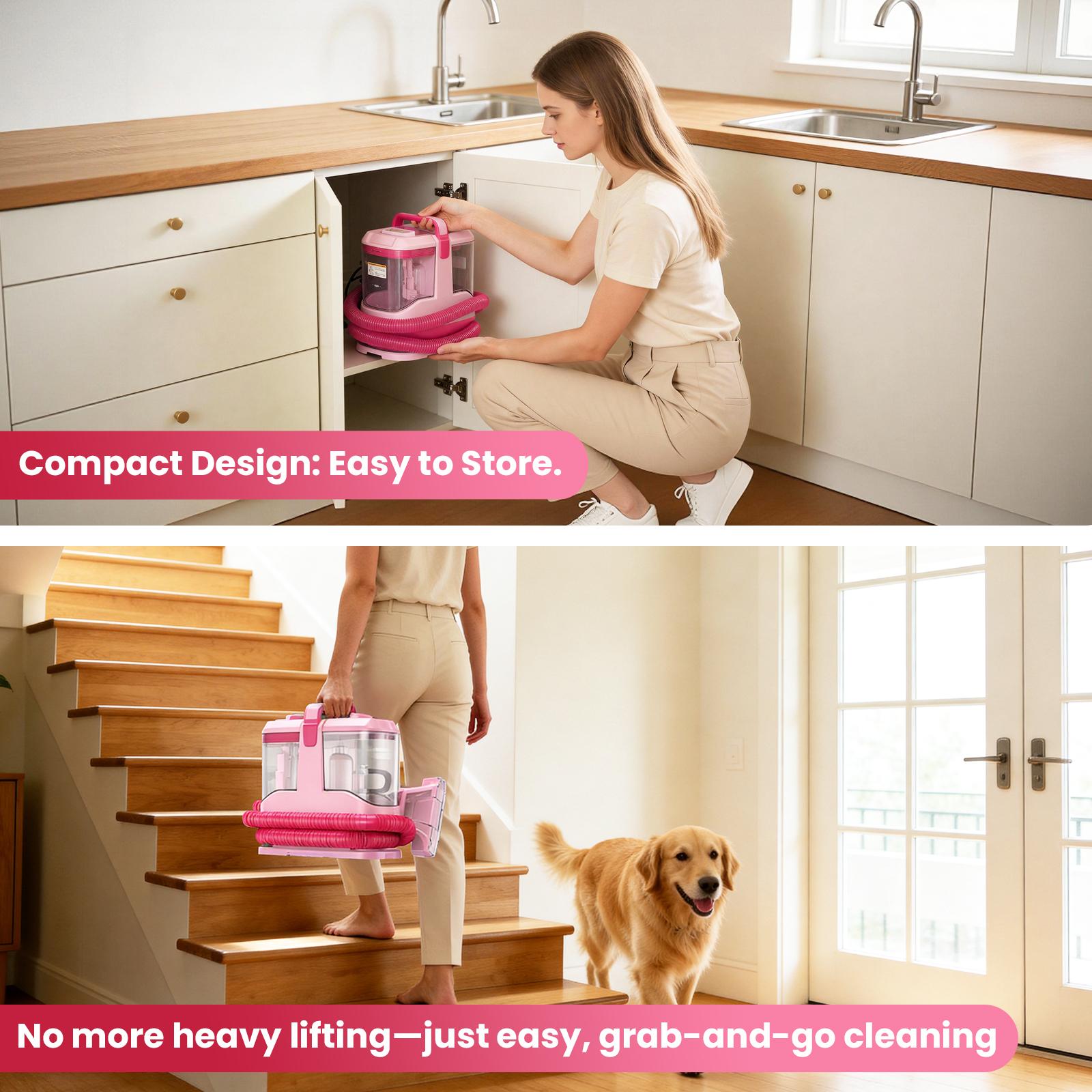 [Memorial Day Sale] Upholstery Carpet Vacuum Cleaner, 18KPa Suction Spot Cleaning Machine for Pet Stains, Carpets, Sofa, Car Seats, Mattress, with 3 Multipurpose Cleaning Tools, 6'' Deep Cleaning Brush | Portable 3-in-1 Little Pink C9S pet lovers