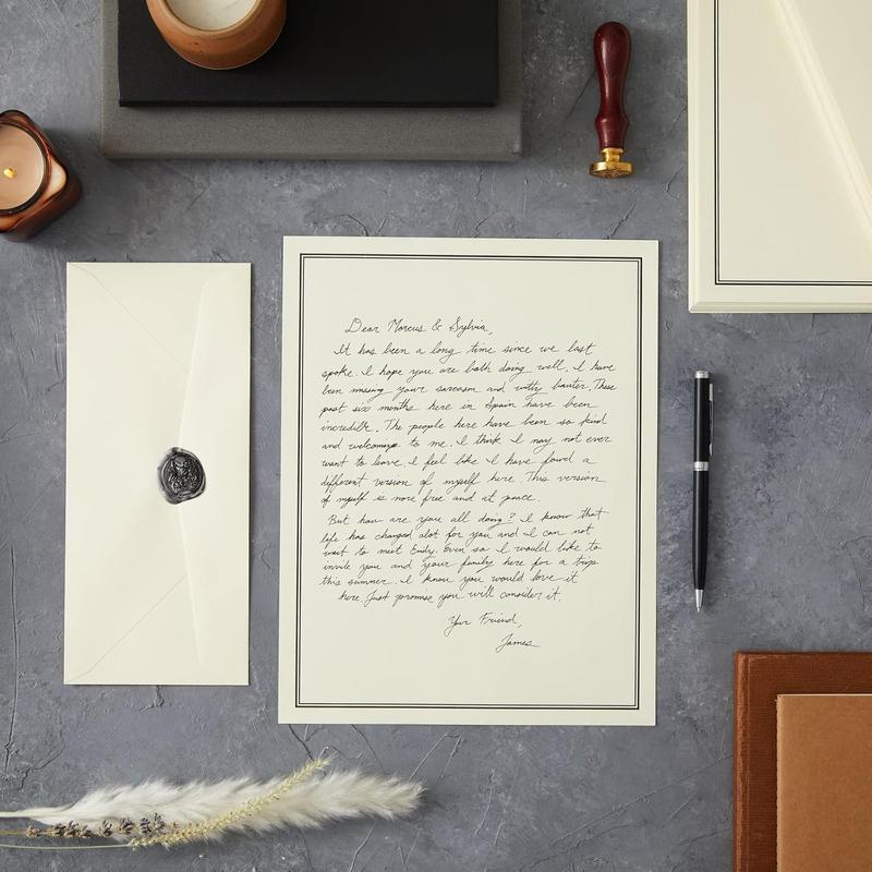 72 piece stationery set for writing letters with 48 ecru and black border paper sheets and 24 envelopes (8.5 x 11 in) Home Office