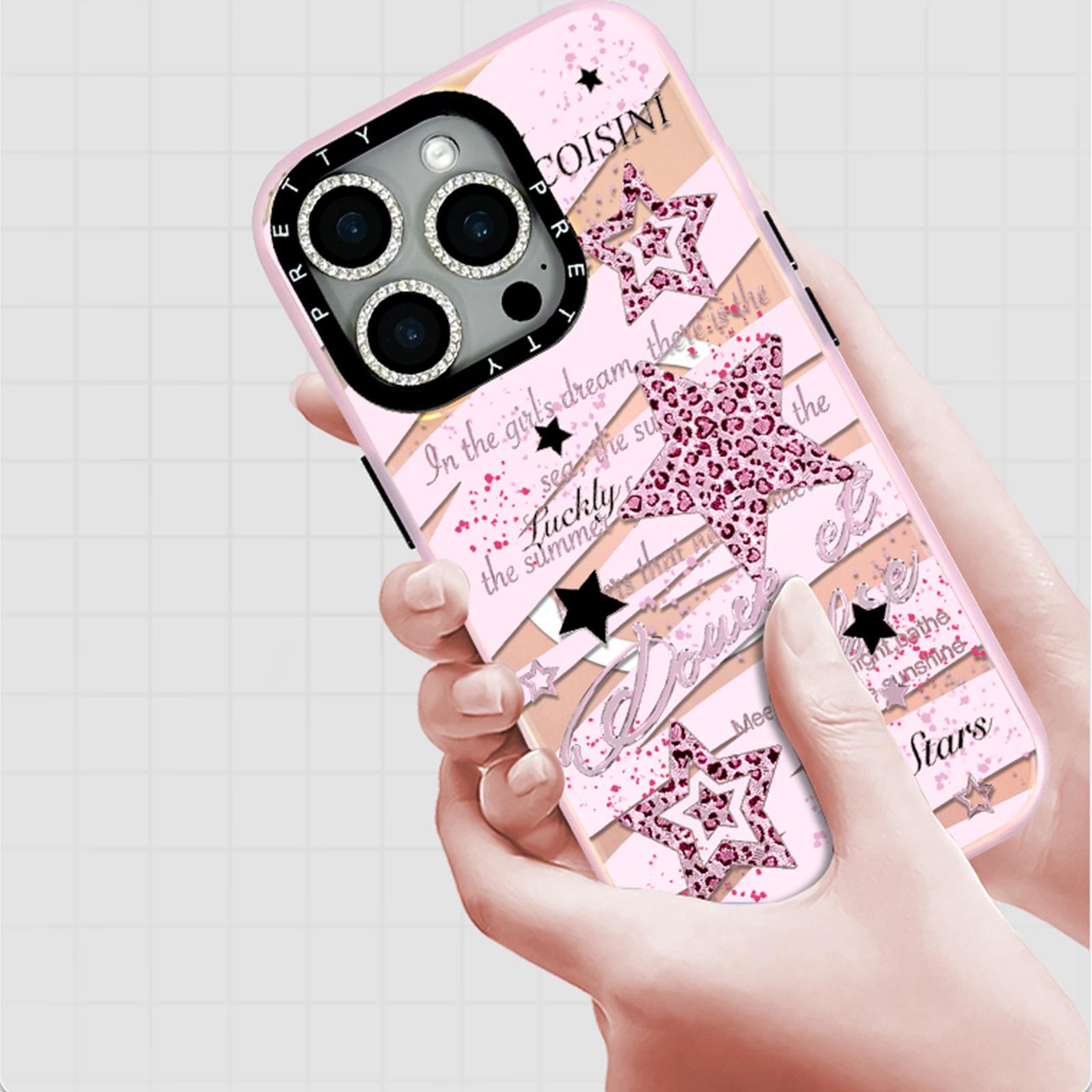 Leopard print star fashion pattern phone case for iPhone 17 Pro Max, 16 Pro, 15, 14, 13, 12, and 17 Air.  Features 3D embossed pattern, full protection, and anti-drop design. A perfect holiday gift for women.