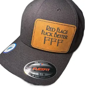 Flexfit Original Red Flags Fuck Better FFF Laser Engraved Leather Patch Baseball Hat - Gray, Sizes S/M & L/XL, Comfortable Fit