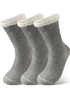 3 Pairs Women's Warm Crew Socks, Soft Fleece Lining, Fall & Winter Slim Fit Calf Height, Elegant Plain Design, Comfortable Footwear