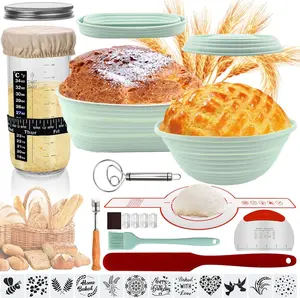Banneton Bread Proofing Basket Sourdough Starter Kit, 34oz Sourdough Jar, 2  Proofing Bowls, Bread Sling Mat,  Spatula, Dough Whisk, Complete Bread Making Kit (GREEN)