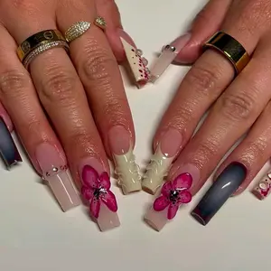 24pcs Long Square Nail Set, Elegant 3D Floral Gradient Design, Sparkling Rhinestones, Comfortable Wear, Reusable, Perfect for Parties and Weddings