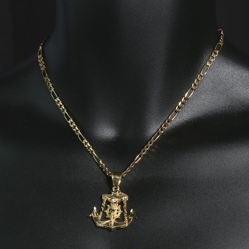 AAA+ Brass Jesus Anchor Pendant & 5mm 20" 24" 14K Stamped Figaro Chain Hip Hop Style Religious High-End Necklace Fashion Jewelry