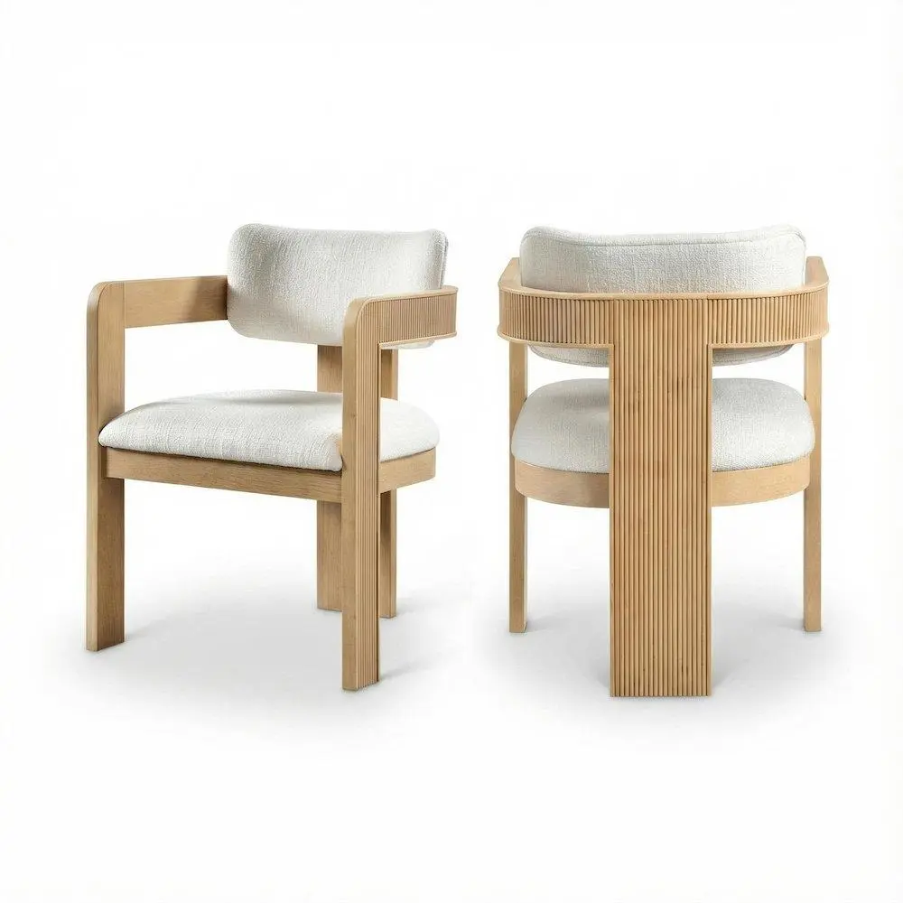 2-Piece Art Deco Armrest Dining Chairs Set, Neutral Textured Breathable Linen Fabric Upholstery, Rubberwood Frame